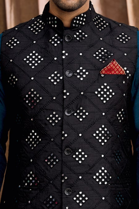 Shop_Aham-Vayam_Black Silk Mirrorwork Work Bundi And Kurta Set _Online_at_Aza_Fashions