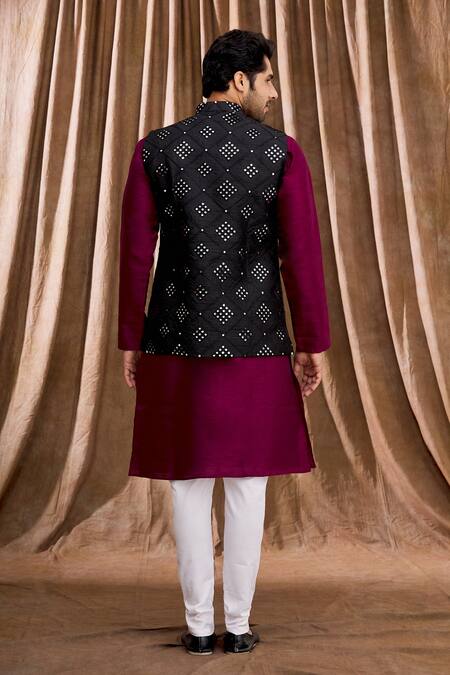 Shop_Aham-Vayam_Black Silk Mirrorwork Work Bundi And Kurta Set _at_Aza_Fashions