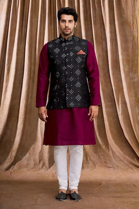 Aham-Vayam_Black Silk Mirrorwork Work Bundi And Kurta Set _Online_at_Aza_Fashions
