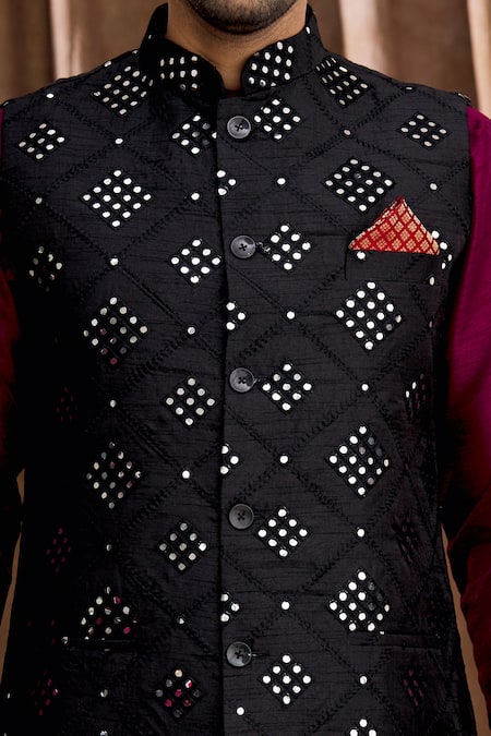 Shop_Aham-Vayam_Black Silk Mirrorwork Work Bundi And Kurta Set _Online_at_Aza_Fashions
