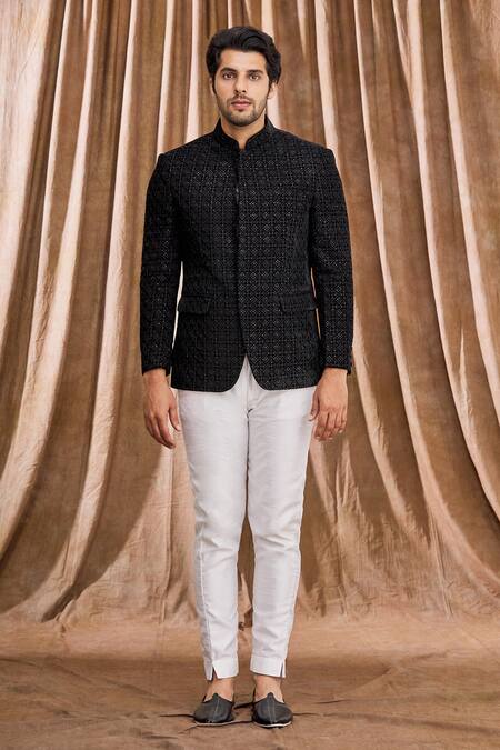 Buy_Aham-Vayam_Black Silk Blend Velvet Geometric Embroidered Bandhgala _Online_at_Aza_Fashions