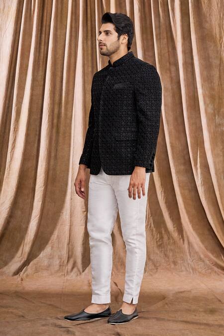 Shop_Aham-Vayam_Black Silk Blend Velvet Geometric Embroidered Bandhgala _Online_at_Aza_Fashions