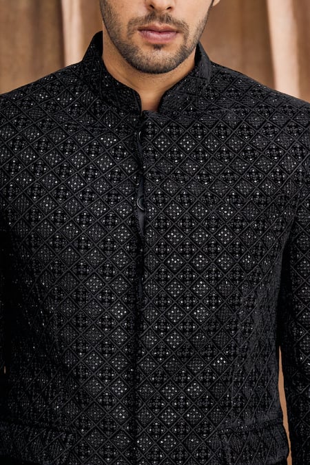 Aham-Vayam_Black Silk Blend Velvet Geometric Embroidered Bandhgala _at_Aza_Fashions