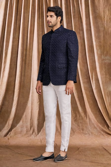 Aham-Vayam_Blue Silk Blend Velvet Geometric Embellished Bandhgala_Online_at_Aza_Fashions