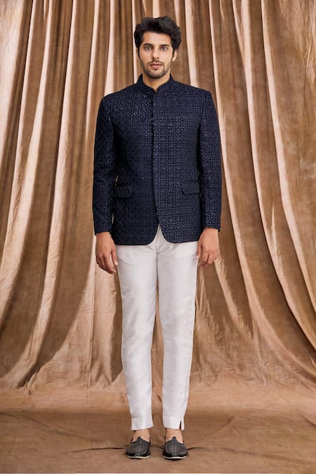 Buy_Aham-Vayam_Blue Silk Blend Velvet Geometric Embellished Bandhgala_Online_at_Aza_Fashions