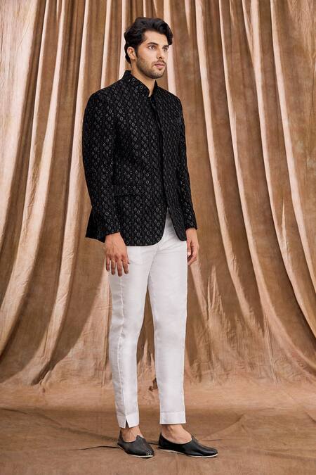 Aham-Vayam_Black Silk Blend Velvet Floral Embellished Bandhgala _Online_at_Aza_Fashions