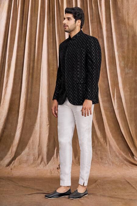 Buy_Aham-Vayam_Black Silk Blend Velvet Floral Embellished Bandhgala _Online_at_Aza_Fashions