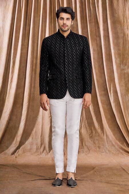 Shop_Aham-Vayam_Black Silk Blend Velvet Floral Embellished Bandhgala _Online_at_Aza_Fashions