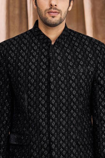 Aham-Vayam_Black Silk Blend Velvet Floral Embellished Bandhgala _at_Aza_Fashions