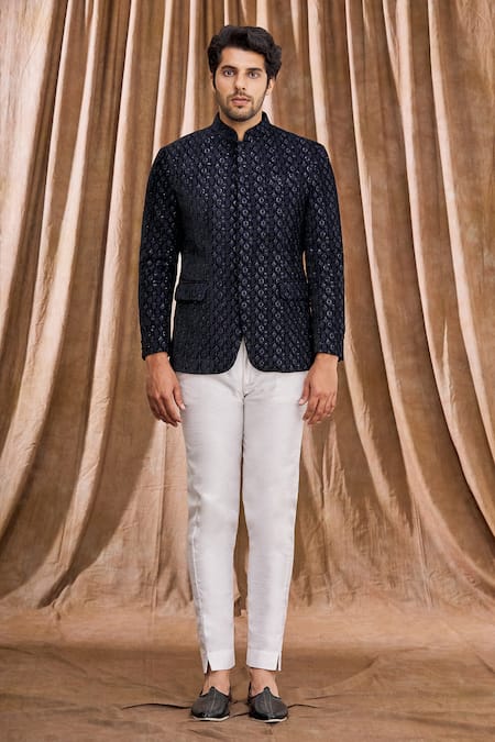 Aham-Vayam_Blue Silk Blend Velvet Floral Embellished Bandhgala _Online_at_Aza_Fashions