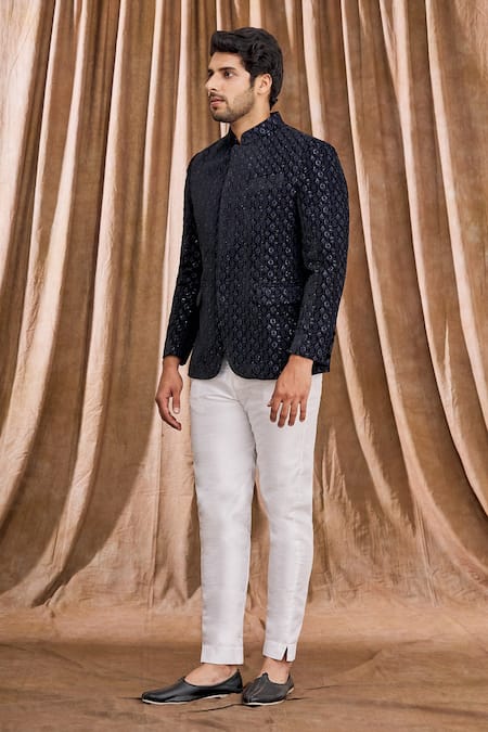 Buy_Aham-Vayam_Blue Silk Blend Velvet Floral Embellished Bandhgala _Online_at_Aza_Fashions