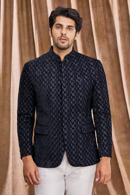 Shop_Aham-Vayam_Blue Silk Blend Velvet Floral Embellished Bandhgala _Online_at_Aza_Fashions