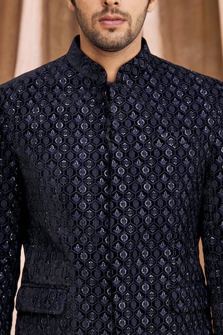 Aham-Vayam_Blue Silk Blend Velvet Floral Embellished Bandhgala _at_Aza_Fashions