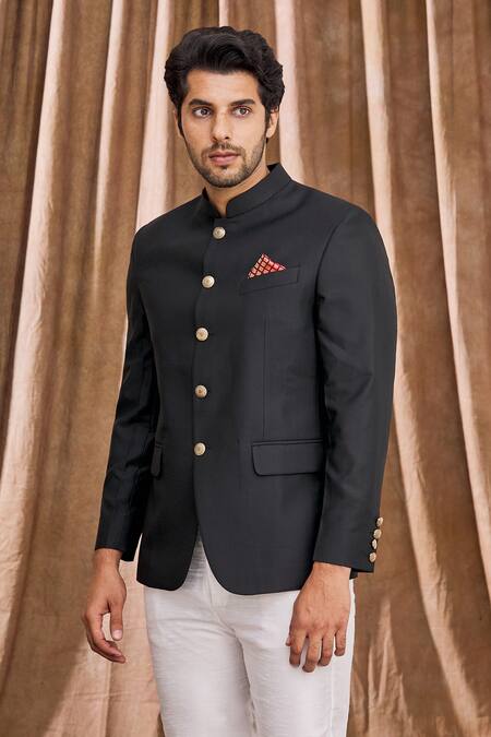 Shop_Aham-Vayam_Black Cotton Bandhgala _Online_at_Aza_Fashions