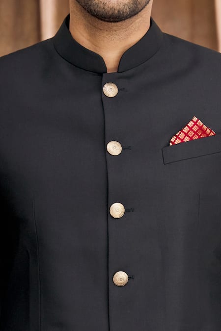 Aham-Vayam_Black Cotton Bandhgala _at_Aza_Fashions