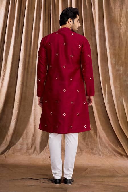Shop Aham-Vayam Red Silk Mirrorwork Kurta Set at Aza Fashions Shop_Aham-Vayam_Red Silk Mirrorwork Kurta Set _at_Aza_Fashions