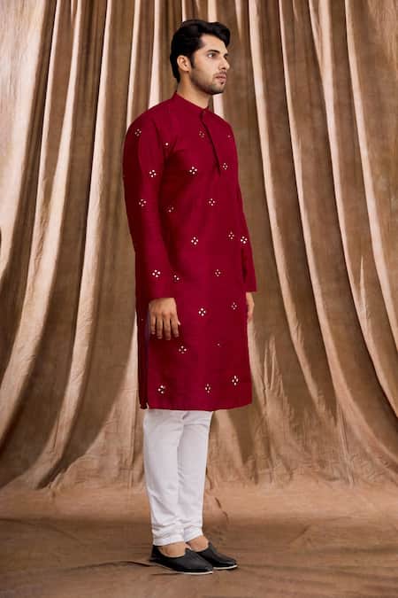 Aham-Vayam Red Silk Mirrorwork Kurta Set Online at Aza Fashions Aham-Vayam_Red Silk Mirrorwork Kurta Set _Online_at_Aza_Fashions