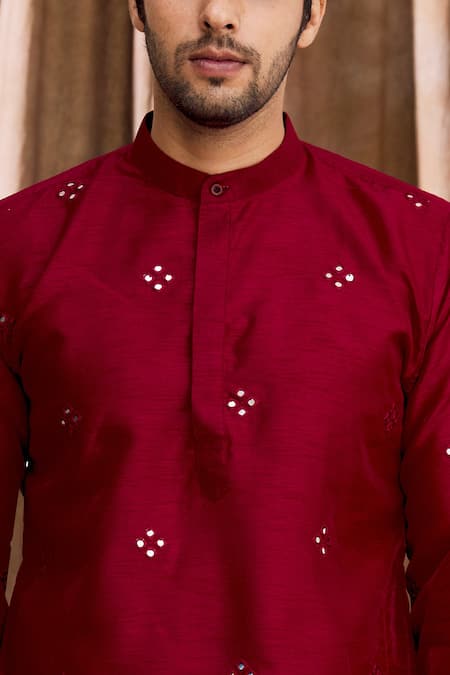 Shop Aham-Vayam Red Silk Mirrorwork Kurta Set Online at Aza Fashions Shop_Aham-Vayam_Red Silk Mirrorwork Kurta Set _Online_at_Aza_Fashions