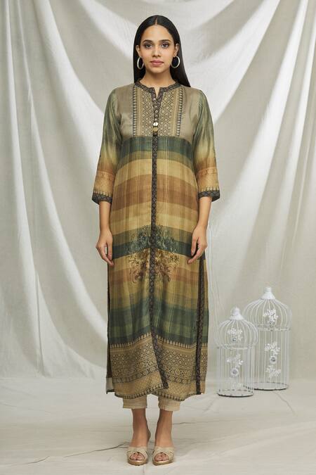Buy_Samyukta Singhania_Green Art Silk Mandarin Collar Kurta_Online_at_Aza_Fashions