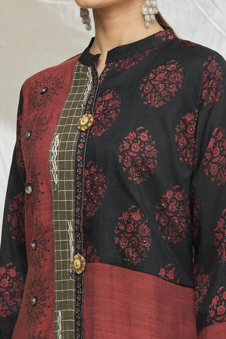 Shop Samyukta Singhania Maroon Art Silk Printed Side Slit Tunic Online at Aza Fashions Shop_Samyukta Singhania_Maroon Art Silk Printed Side Slit Tunic_Online_at_Aza_Fashions