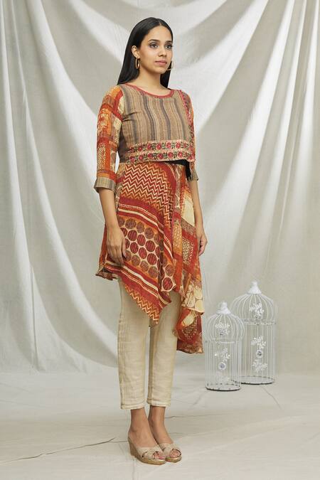 Samyukta Singhania Multi Color Art Silk Geometric Print Asymmetric Tunic Online at Aza Fashions Samyukta Singhania_Multi Color Art Silk Geometric Print Asymmetric Tunic_Online_at_Aza_Fashions