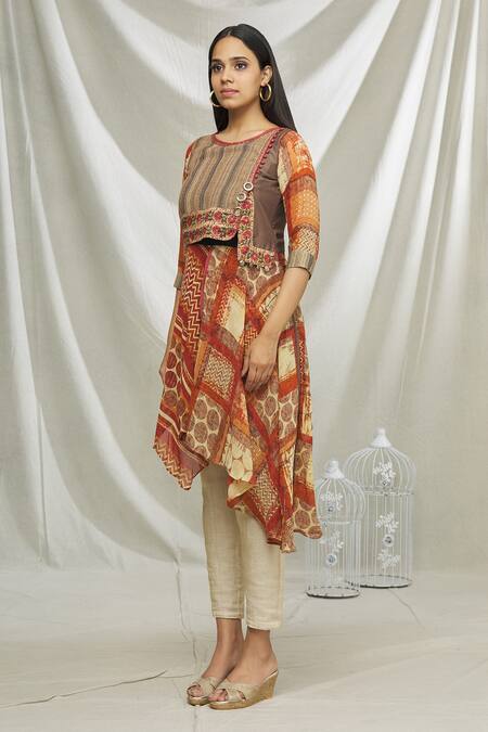 Shop Samyukta Singhania Multi Color Art Silk Geometric Print Asymmetric Tunic Online at Aza Fashions Shop_Samyukta Singhania_Multi Color Art Silk Geometric Print Asymmetric Tunic_Online_at_Aza_Fashions