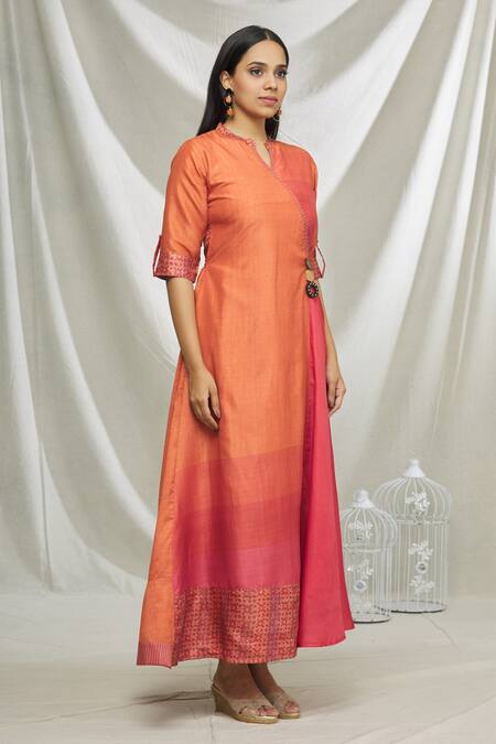 Samyukta Singhania_Orange Art Silk Printed Geometric Mandarin Collar Overlap Tunic_Online_at_Aza_Fashions