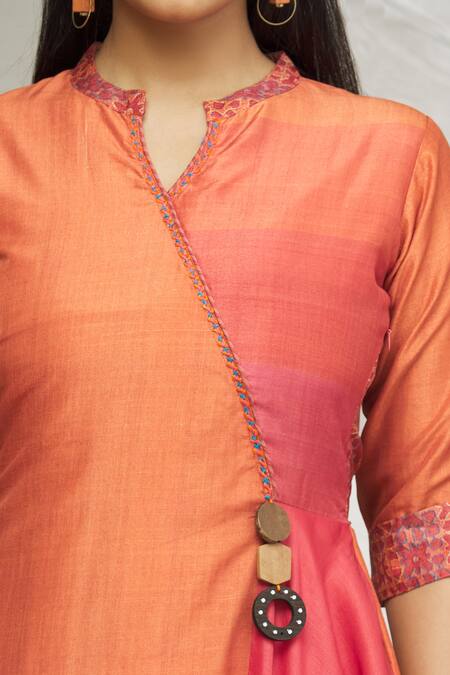 Samyukta Singhania_Orange Art Silk Printed Geometric Mandarin Collar Overlap Tunic_at_Aza_Fashions