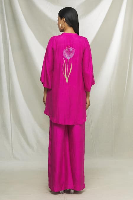 Shop Ibai Pink Mulberry Silk Thread Work Placement Embroidered Kurta And Sharara Set at Aza Fashions Shop_Ibai_Pink Mulberry Silk Thread Work Placement Embroidered Kurta And Sharara Set _at_Aza_Fashions