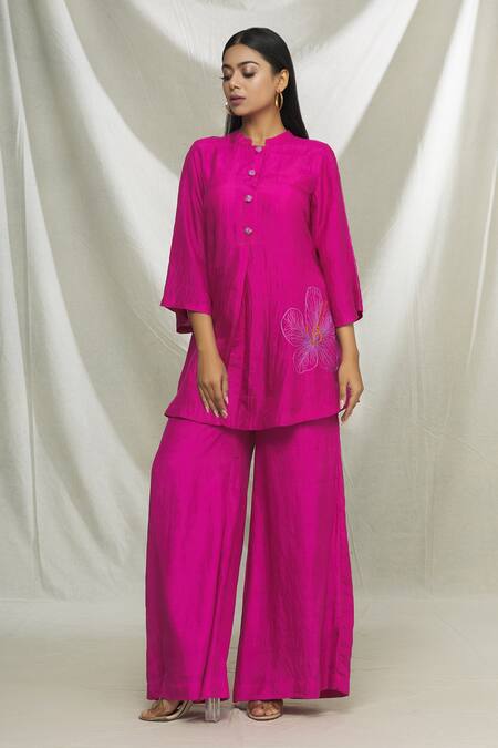 Ibai Pink Mulberry Silk Thread Work Placement Embroidered Kurta And Sharara Set Online at Aza Fashions Ibai_Pink Mulberry Silk Thread Work Placement Embroidered Kurta And Sharara Set _Online_at_Aza_Fashions