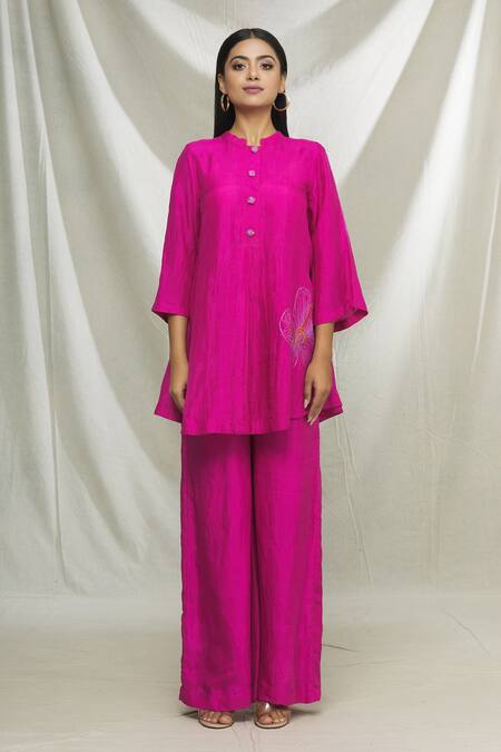Buy Ibai Pink Mulberry Silk Thread Work Placement Embroidered Kurta And Sharara Set Online at Aza Fashions Buy_Ibai_Pink Mulberry Silk Thread Work Placement Embroidered Kurta And Sharara Set _Online_at_Aza_Fashions
