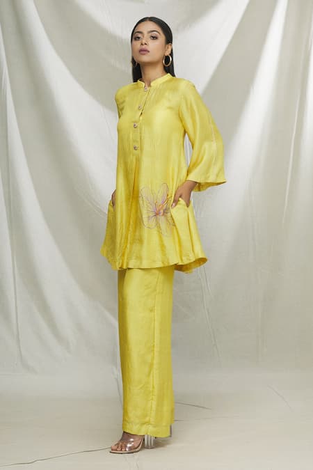 Ibai Yellow Mulberry Silk Thread Work Placement Embroidered Kurta And Sharara Set Online at Aza Fashions Ibai_Yellow Mulberry Silk Thread Work Placement Embroidered Kurta And Sharara Set _Online_at_Aza_Fashions