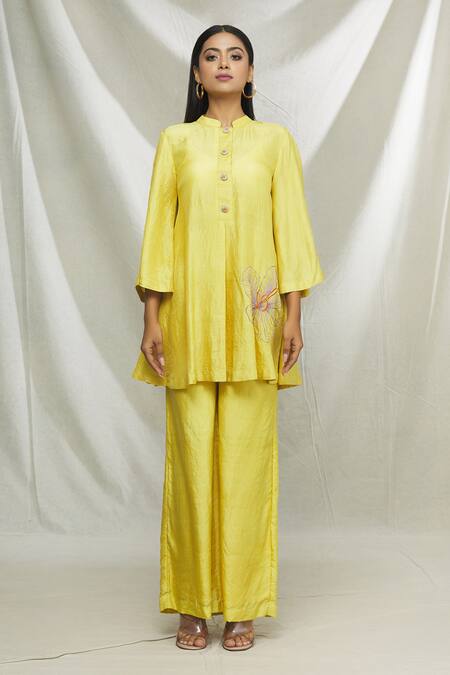 Buy Ibai Yellow Mulberry Silk Thread Work Placement Embroidered Kurta And Sharara Set Online at Aza Fashions Buy_Ibai_Yellow Mulberry Silk Thread Work Placement Embroidered Kurta And Sharara Set _Online_at_Aza_Fashions