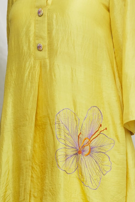 Ibai Yellow Mulberry Silk Thread Work Placement Embroidered Kurta And Sharara Set at Aza Fashions Ibai_Yellow Mulberry Silk Thread Work Placement Embroidered Kurta And Sharara Set _at_Aza_Fashions
