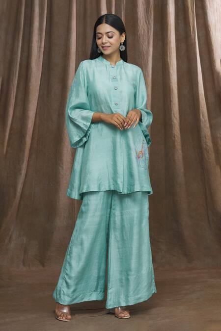 Ibai Blue Mulberry Silk Thread Work Placement Embroidered Kurta And Sharara Set Online at Aza Fashions Ibai_Blue Mulberry Silk Thread Work Placement Embroidered Kurta And Sharara Set _Online_at_Aza_Fashions