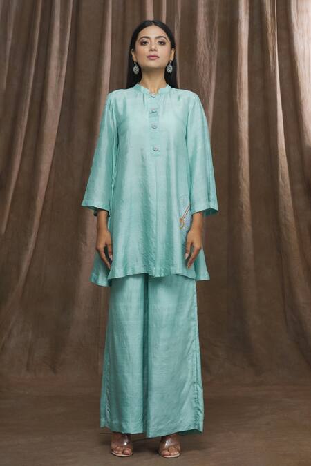 Buy Ibai Blue Mulberry Silk Thread Work Placement Embroidered Kurta And Sharara Set Online at Aza Fashions Buy_Ibai_Blue Mulberry Silk Thread Work Placement Embroidered Kurta And Sharara Set _Online_at_Aza_Fashions