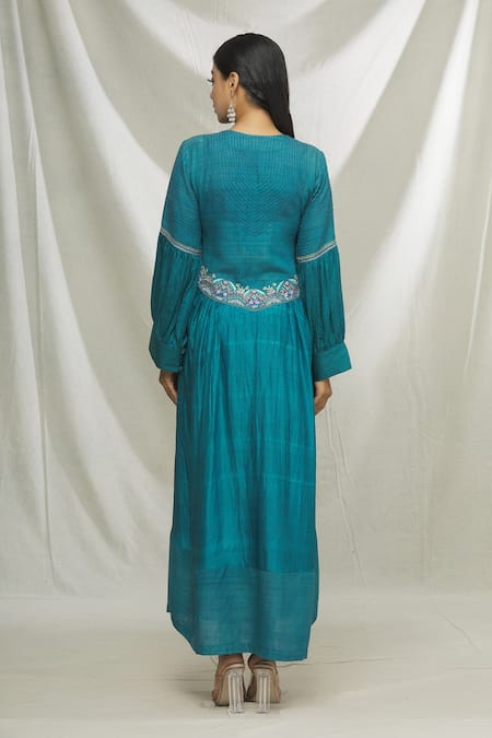 Shop Ibai Blue Matka , Mulberry Sozni Work Round Notched Embroidered Dress at Aza Fashions Shop_Ibai_Blue Matka , Mulberry Sozni Work Round Notched Embroidered Dress _at_Aza_Fashions