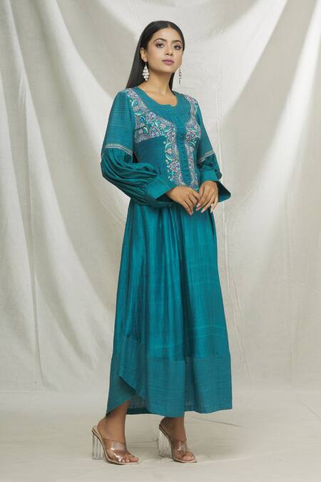 Ibai Blue Matka , Mulberry Sozni Work Round Notched Embroidered Dress Online at Aza Fashions Ibai_Blue Matka , Mulberry Sozni Work Round Notched Embroidered Dress _Online_at_Aza_Fashions