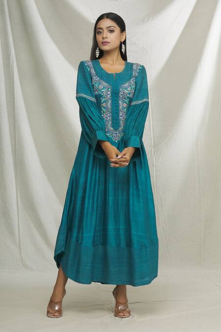 Shop Ibai Blue Matka , Mulberry Sozni Work Round Notched Embroidered Dress Online at Aza Fashions Shop_Ibai_Blue Matka , Mulberry Sozni Work Round Notched Embroidered Dress _Online_at_Aza_Fashions