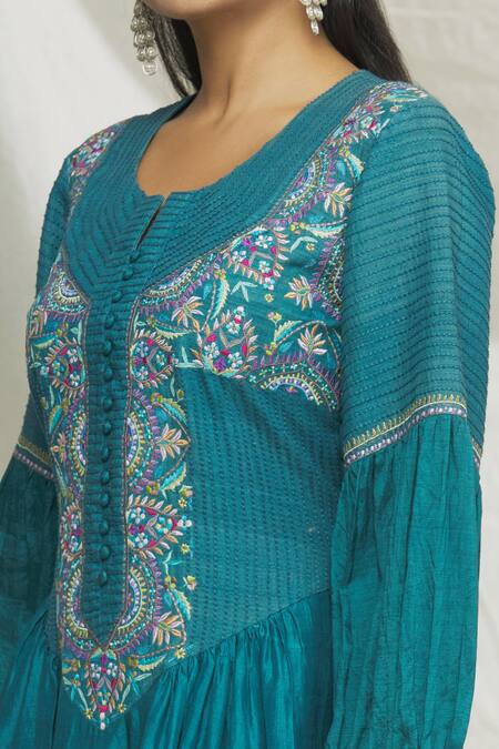 Ibai Blue Matka , Mulberry Sozni Work Round Notched Embroidered Dress at Aza Fashions Ibai_Blue Matka , Mulberry Sozni Work Round Notched Embroidered Dress _at_Aza_Fashions