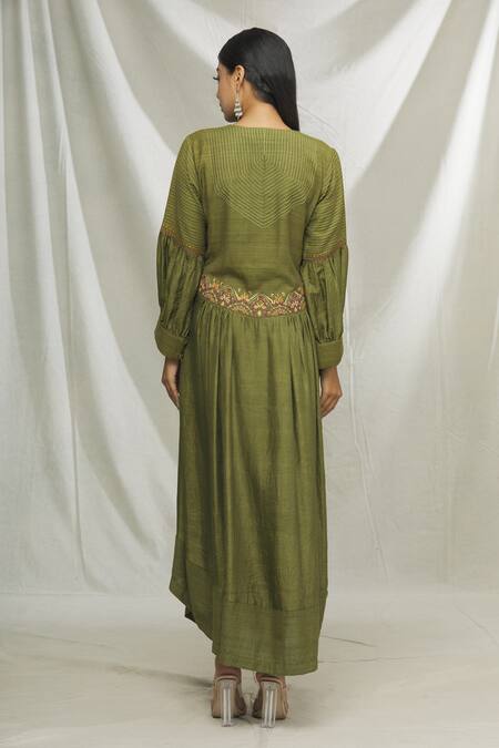 Shop Ibai Green Matka , Mulberry Sozni Work Round Notched Embroidered Dress at Aza Fashions Shop_Ibai_Green Matka , Mulberry Sozni Work Round Notched Embroidered Dress _at_Aza_Fashions