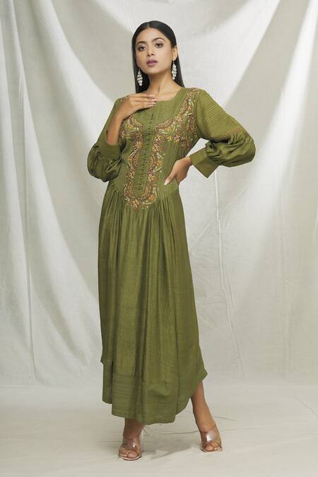 Buy Ibai Green Matka , Mulberry Sozni Work Round Notched Embroidered Dress Online at Aza Fashions Buy_Ibai_Green Matka , Mulberry Sozni Work Round Notched Embroidered Dress _Online_at_Aza_Fashions