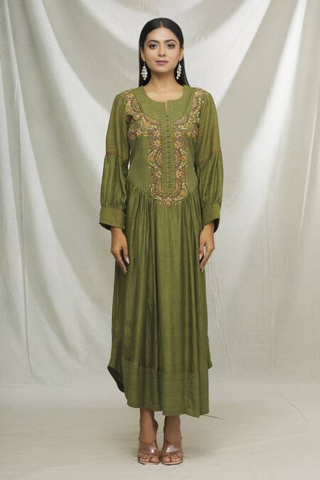 Shop Ibai Green Matka , Mulberry Sozni Work Round Notched Embroidered Dress Online at Aza Fashions Shop_Ibai_Green Matka , Mulberry Sozni Work Round Notched Embroidered Dress _Online_at_Aza_Fashions