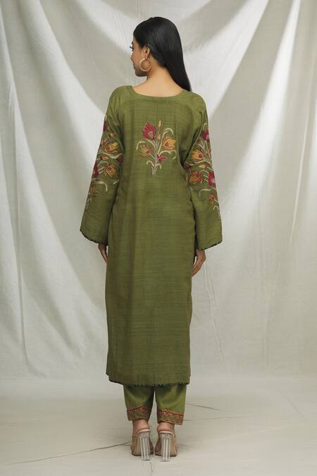 Shop Ibai Green Matka Silk Kashmiri Work Floral Embroidered Phiran Kurta And Salwar Set at Aza Fashions Shop_Ibai_Green Matka Silk Kashmiri Work Floral Embroidered Phiran Kurta And Salwar Set _at_Aza_Fashions
