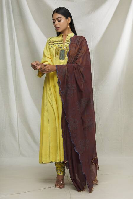 Ibai_Yellow Chanderi, Matka Silk Block Print, Geometric Embroidered Anarkali Set _Online_at_Aza_Fashions