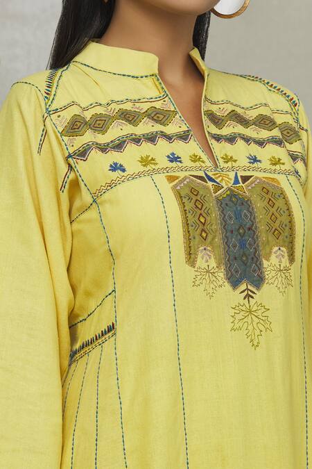 Ibai_Yellow Chanderi, Matka Silk Block Print, Geometric Embroidered Anarkali Set _at_Aza_Fashions