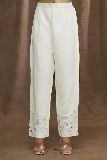 Shop_Ibai_White Matka , Mulberry Thread Placement Embroidered Kurta And Pant Set _Online_at_Aza_Fashions