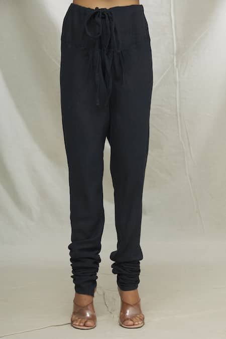 Shop_Ibai_Black Matka Silk Thread Work Mandarin Geometric Embroidered Anarkali And Pant Set _Online_at_Aza_Fashions