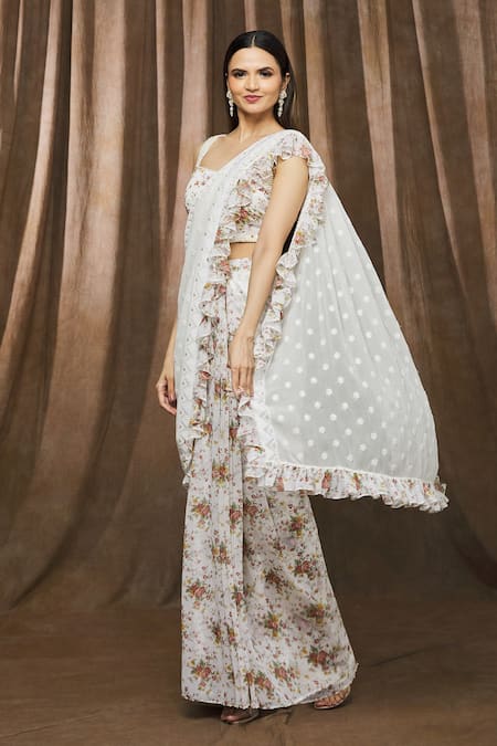 ARPAN VOHRA Floral Print Pre-Draped Saree & Blouse 