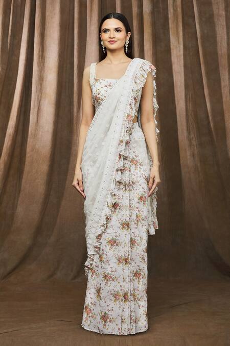 Arpan Vohra_White Georgette Floral Motifs Square Neck Print Pre-draped Saree And Blouse_Online_at_Aza_Fashions